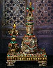 16.8" Tibet Copper Gilt Silver Inlay Turquoise Gem Dorje Vajra Bell & Holder Box