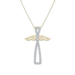 Angel Wings Cross Necklace Natural Diamond Religious Cross Pendant 10K Gold - Picture 1 of 3