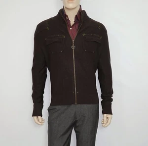 CLASS ROBERTO CAVALLI Mock Neck Long Sleeve Cardigan BROWN Large 100% Wool - Picture 1 of 17