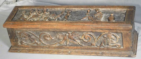 Antique Jacobean Baroque Carved Oak Coffer Casket Box Putti Nude Female Gothic Cover