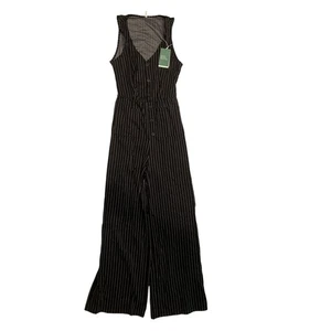 HALARA V Neck Sleeveless Cut Out Wide Leg Stripe Jumpsuit Medium Black NEW - Picture 1 of 7