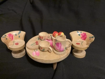 VTG 60s Japan Hand Painted Tulip Table, Chairs, & Tea Set Wood Dollhouse - Image 1 of 4