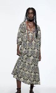Zara linen Boho MIDI Embroidered neckline DRESS maxi dress Size S uk 8 10 VGC - Picture 1 of 7