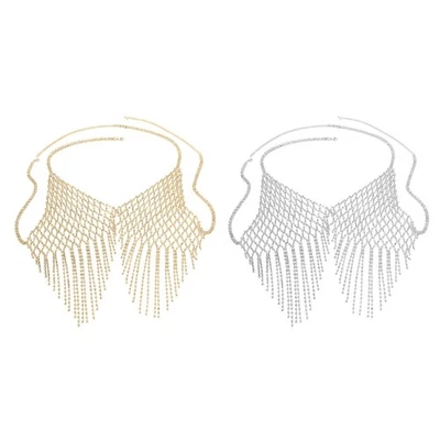 Rhinestones Tassels Chest Chain Mesh Halter Bra for Women Beach Body Jewelry Top - Image 1 of 4