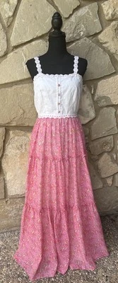 Vestido Vintage Nadine Años 70 Talla XS/S Rosa Floral En Niveles Solero Blanco Ojales EC Foto 1 de 4