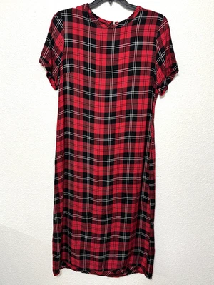 Vestido Zara Mujer Grande Rojo A Cuadros Manga Corta Cambio Maxi Dobladillo Crudo Vacaciones NUEVO Foto 1 de 4