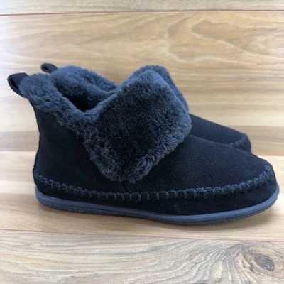 Botines Zapatilla Minnetonka Moc Puntera Mujer 7 M Negro Gamuza Piel Sintética Forrados Foto 1 de 4