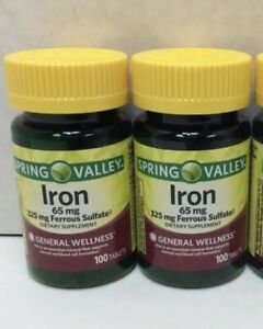 Twin Pack Spring Valley Iron 65 mg 325 mg Ferrous Sulfate 100 ct each Exp 3/2024