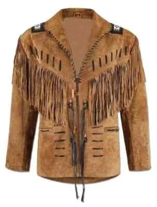 Men Western Cowboy Suede Fringe Jacket Beaded Native American Leather Jacket - Picture 1 of 4