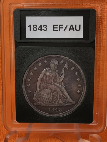 1843 LIBERTY SEATED DOLLAR EF/AU HIGH GRADE IN GUARDHOUSE SLAB Cover