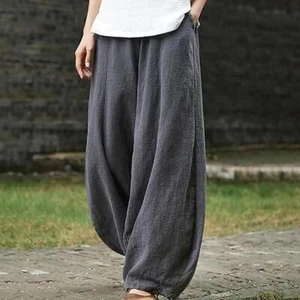 Spring Summer 2023 Cotton Linen Style Bloomers Wide Leg Pants Women Vintage Full - Picture 1 of 27