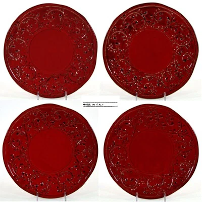 Crate & Barrel CARMEN BROCCATO 9" Salad Plate Set 4Pc Red Italy Italian Pottery - Image 1 of 4
