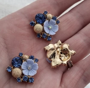 GOLD AND BLUE FLOWER BUTTONS/FANCY DRESS COAT ART DECO SHANK BUTTONS 21 MM - Picture 1 of 6