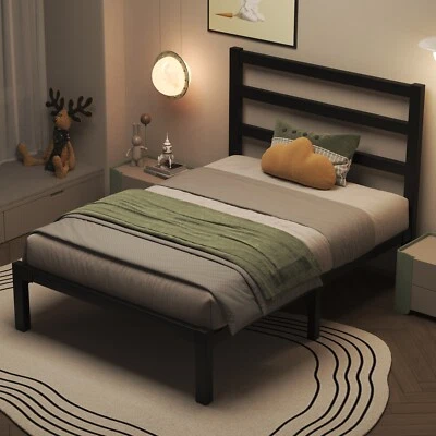 E-MOTIE Twin Size Bed Frame with Headboard Strong Metal Slats Support