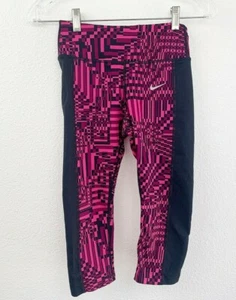 NIKE DRI-FIT Girls Active Stretch Yoga Pants XS Black Hot Pink Geometric Pattern - Picture 1 of 9