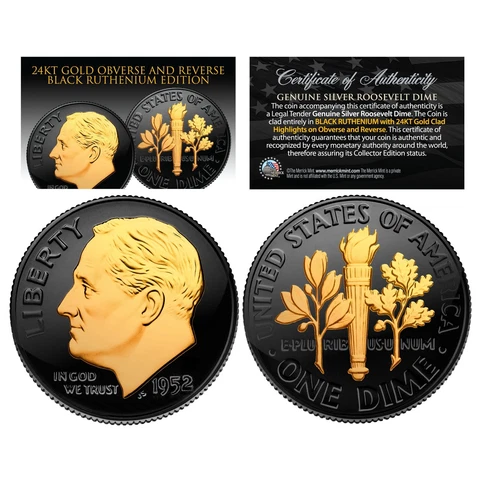 1950 's U.S. Genuine Silver BU Roosevelt Dime 24K GOLD & Full BLACK RUTHENIUM Cover