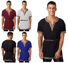 Men Tops Short Sleeve Men T-Shirt Retro Pattern Trims Men Shirts Robe With Belt