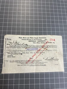 DE COLECCIÓN RECIBO DOCUMENTO ESTADO RÍOS TARIFA AGUA BENDIGO 1914 VICTORIA CARPINTERO - Imagen 1 de 3