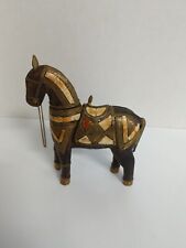 Vintage Trojan Horse Carved Wood Brass Copper Marble Inlay 