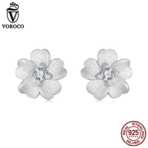 Voroco Real 925 Sterling Silver Flower CZ Stud Earrings For Women Gifts Jewelry - Picture 1 of 14