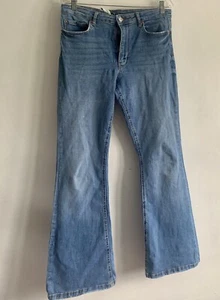 ZARA AZUL ALGODÓN TIRO MEDIO ELÁSTICO BOOTCUT LARGO VAQUERO PANTALONES PANTALONES EU:42 - Imagen 1 de 10