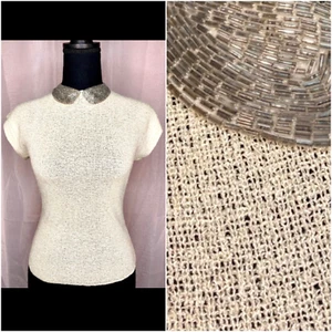 vintage 1960s Winthrop ivory knit mod blouse w/ silver beaded peter pan collar - Picture 1 of 14
