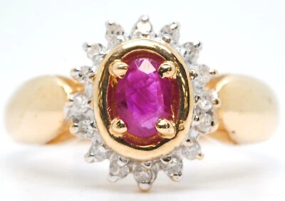 14K YELLOW GOLD RUBY & DIAMOND HALO GEMSTONE RIGHT HAND RING ESTATE SIZE 6 - Image 1 of 4