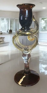 Murano Style Amber Blown Glass Taper Candle Holder  - Picture 1 of 3