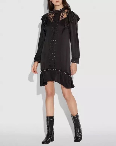 Abito Coach in seta lavato in pizzo manica lunga arricciata taglia 2 dettaglio catena nero