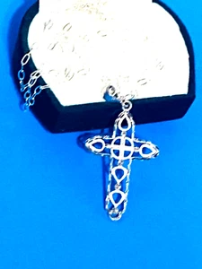Estate Sale New 925 Sterling Silver Cross Pendant w/ Brilliants and Chain 18" - Picture 1 of 23