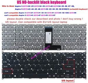 New for Acer Aspire 3 A315-42 A315-54 A315-54,A315-55G,A315-56G US Keyboard - Picture 1 of 5