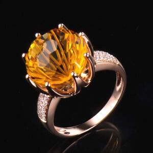 5.70CT Natural Round Yellow Citrine Diamond Ring Firework Cutting 10K Rose Gold