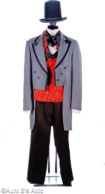 Disfraz Período Regencia Para Hombre 4 Piezas De Colección/Nuevo Gris/Negro/Rojo Pantalón Chaleco Abrigo Corbata 43L Foto 1 de 4