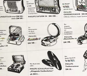 " PHILIPS " ELEKTRO Reklame 1954 CHRONO Wecker SATURN PHONO Koffer PHILETTA A 54 - Bild 1 von 2