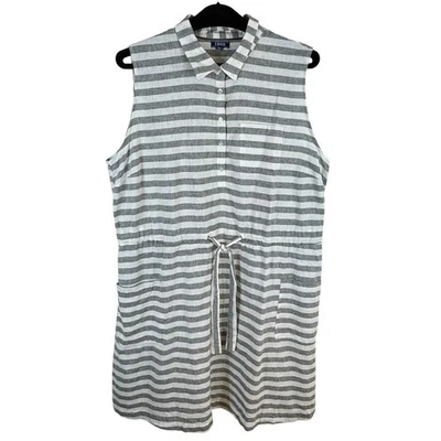 Vestido Izod Gris Blanco Rayas Lino Algodón Sin Mangas Cuello Hasta la Rodilla XXL Foto 1 de 4
