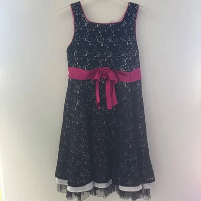Emily West Girls Size 14.5 Black Lace Dress Pink Ribbon White Layered Hem Party - Image 1 of 4