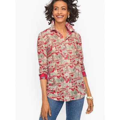 Talbots Plus 2X Jungle Print Button Front Shirt Red Olive Tigers 100% Cotton - Image 1 of 4