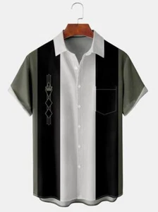 Mens Geo Print Front Buttons Soft Breathable Chest Pocket Casual Bowling Shirts - Picture 1 of 2