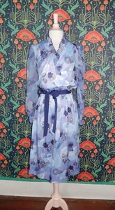 Vintage 70's 80's Blue Ruffle Neck Puff Long Sleeve Secretary Dress - Picture 1 of 5