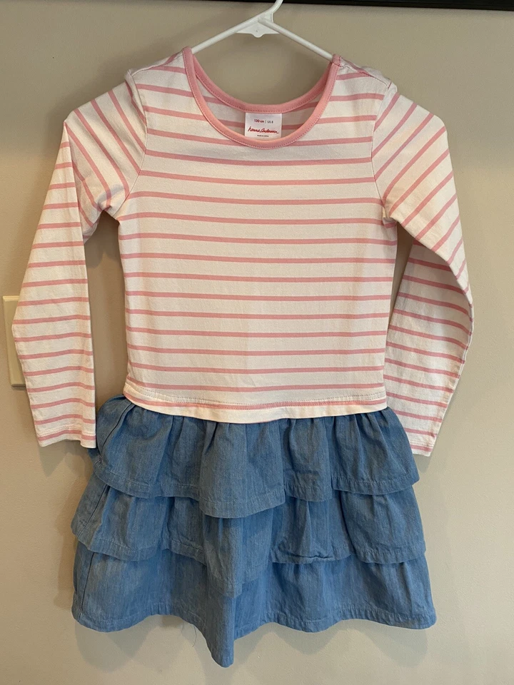Hanna Andersson, Girls Size 130 (Size 8), Tiered Skirt Pink Stripe Dress, VGUC - Image 1 of 3