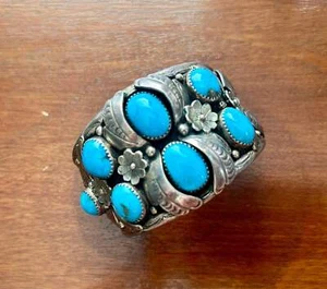Vintage Old Pawn Lester Jackson Signed Sterling Silver Turquoise Cuff Bracelet - Picture 1 of 10