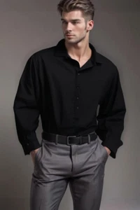 NEU - Claiborne Stretch - Oberhemd - Herren L 53x29 35slv - einfarbig schwarz LS Cotn - Bild 1 von 9
