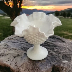 Vintage Fenton Milchglas Sockel Kompott mit gequetschtem und gekräuseltem Rand - Bild 1 von 7