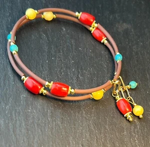 Memory Wire Koralle & Bernstein Armband natürlichen Edelsteinen, vergoldete - Bild 1 von 3