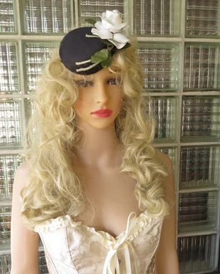 VTG Glam Cocktail Mini Fascinator BLACK Taffeta CAP CLIP ON LEATHER WHITE  ROSE - Image 1 of 4