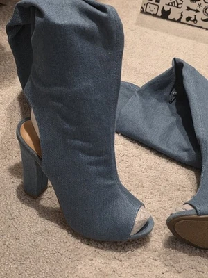 Denim 4" Heels, Thigh High, Open Toe Boots Size 6 never worn - Image 1 of 3