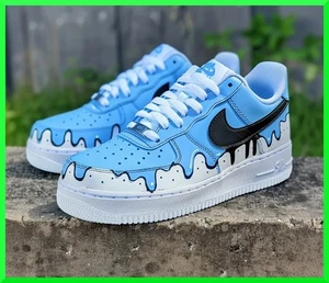 Custom Air Force 1 UNC Blue Wavy Dripp Black/Air Force 1 Custom Shoes NEW INBOX - Picture 1 of 5