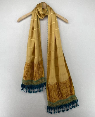 Cachecol feminino seda boho listrado jacquard envoltório crochê pom pom amarelo 12 x 84 - Imagem 1 de 4