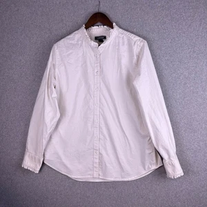 Lands End Shirt Women 16 White Button Up Ruffle Neck Stretch Minimalist Feminine - Picture 1 of 11