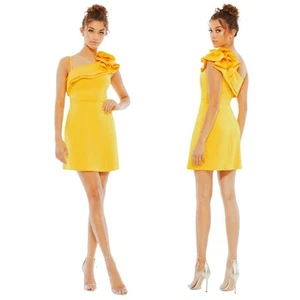 Mac Duggal Dress Womens Size 0 Yellow Mini One Shoulder Ruffle Sheath Cocktail - Picture 1 of 13